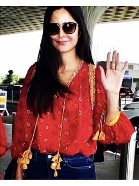 Anthropologie VERB Lulita Red Boho Blouse M Y2K Peasant Top Pallavi Singhee